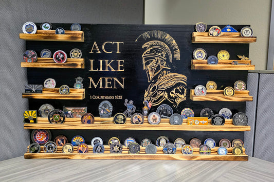 Extra Large Rustic Wooden Double Challenge Coin Display Rack: First Responder Retirement Gift for Man Cave